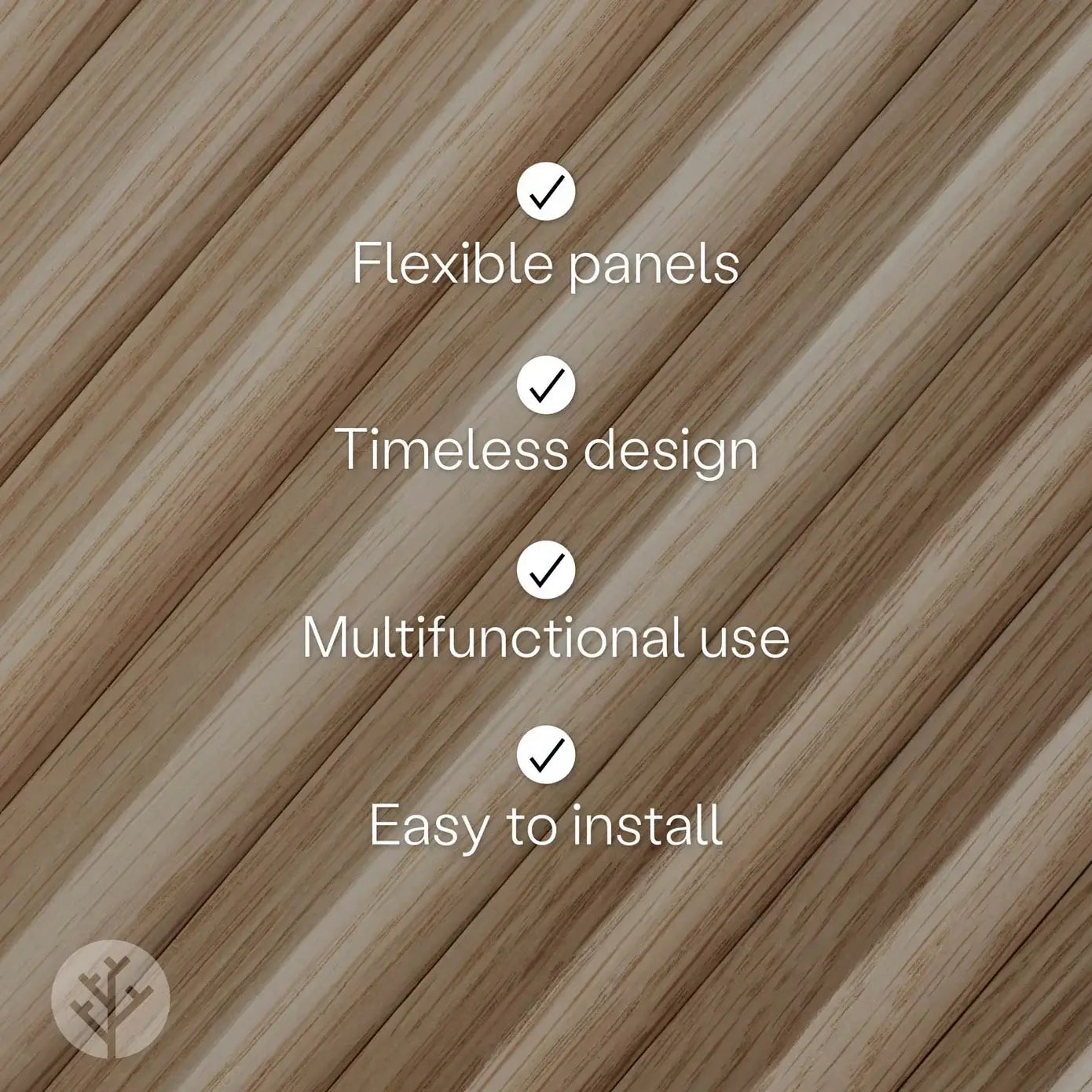 Flutto™ Oak Zigzag flexible tambour wood panels showcasing benefits: flexible, timeless, multifunctional, and easy to install.