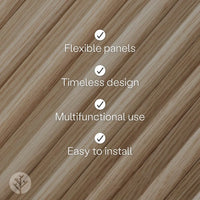 Flutto™ Oak Zigzag flexible tambour wood panels showcasing benefits: flexible, timeless, multifunctional, and easy to install.