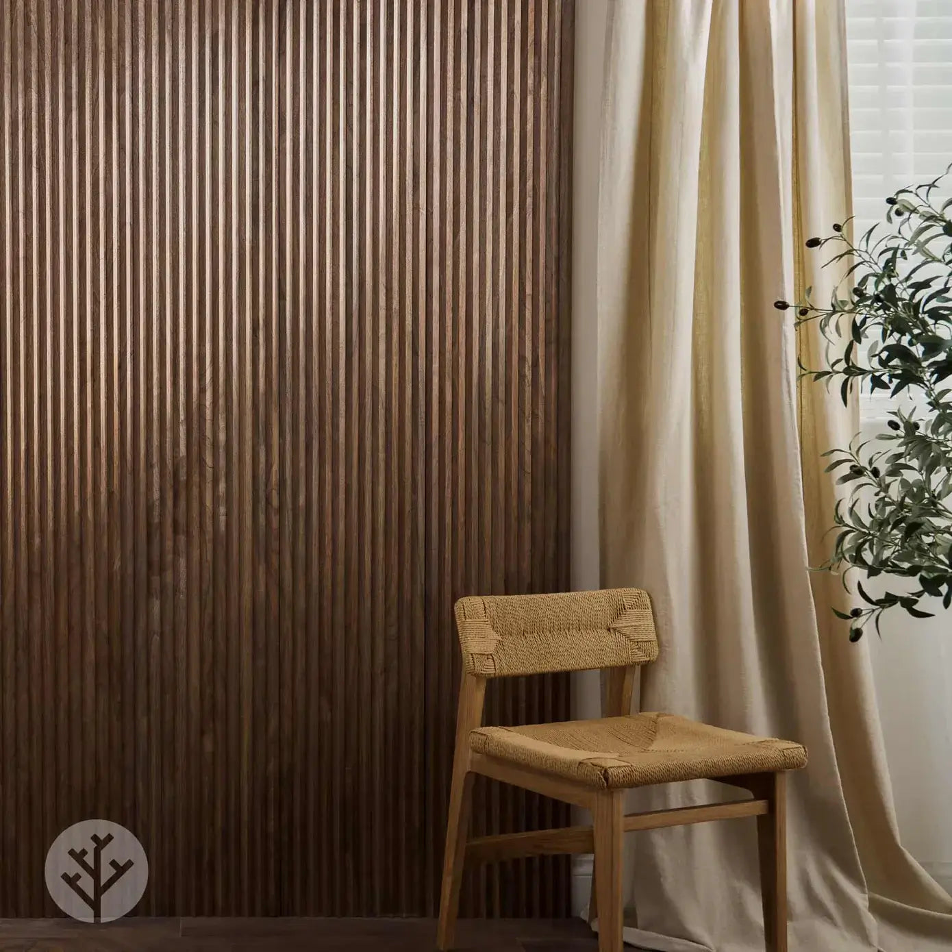 Flutto™ Walnut Zigzag flexible wood panels create a stylish backdrop, enhancing any interior space with texture and warmth.