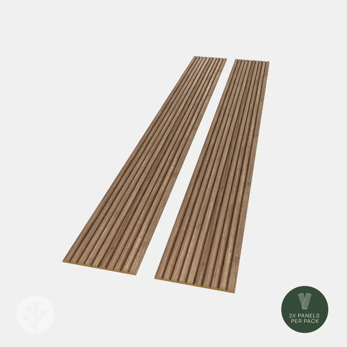 Flutto™ Walnut Slat Flexible Tambour Wood Panels showcasing how their classic slat pattern in warm walnut finish is able to be used on a flat wall (not just on a curve)