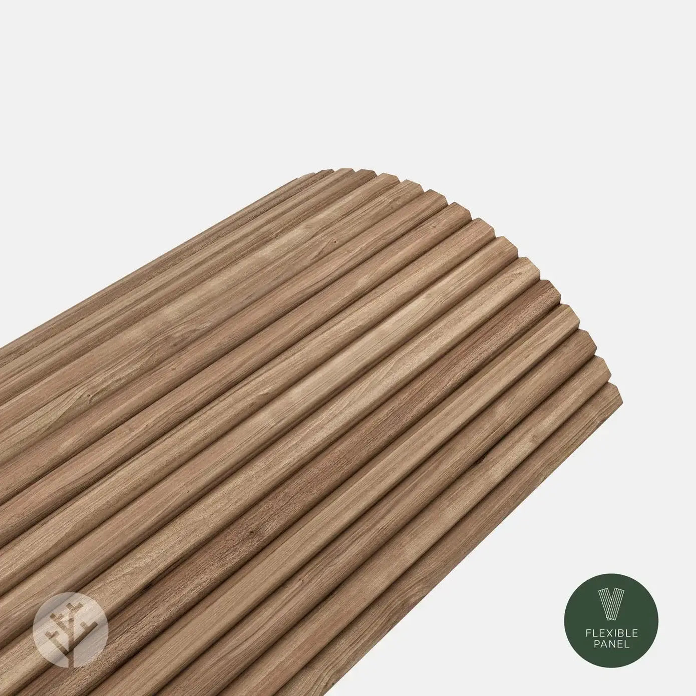 Flutto™ Walnut Slat Flexible Tambour Wood Panels showcasing how their classic slat pattern in warm walnut finish is able to freely bend around a curve.