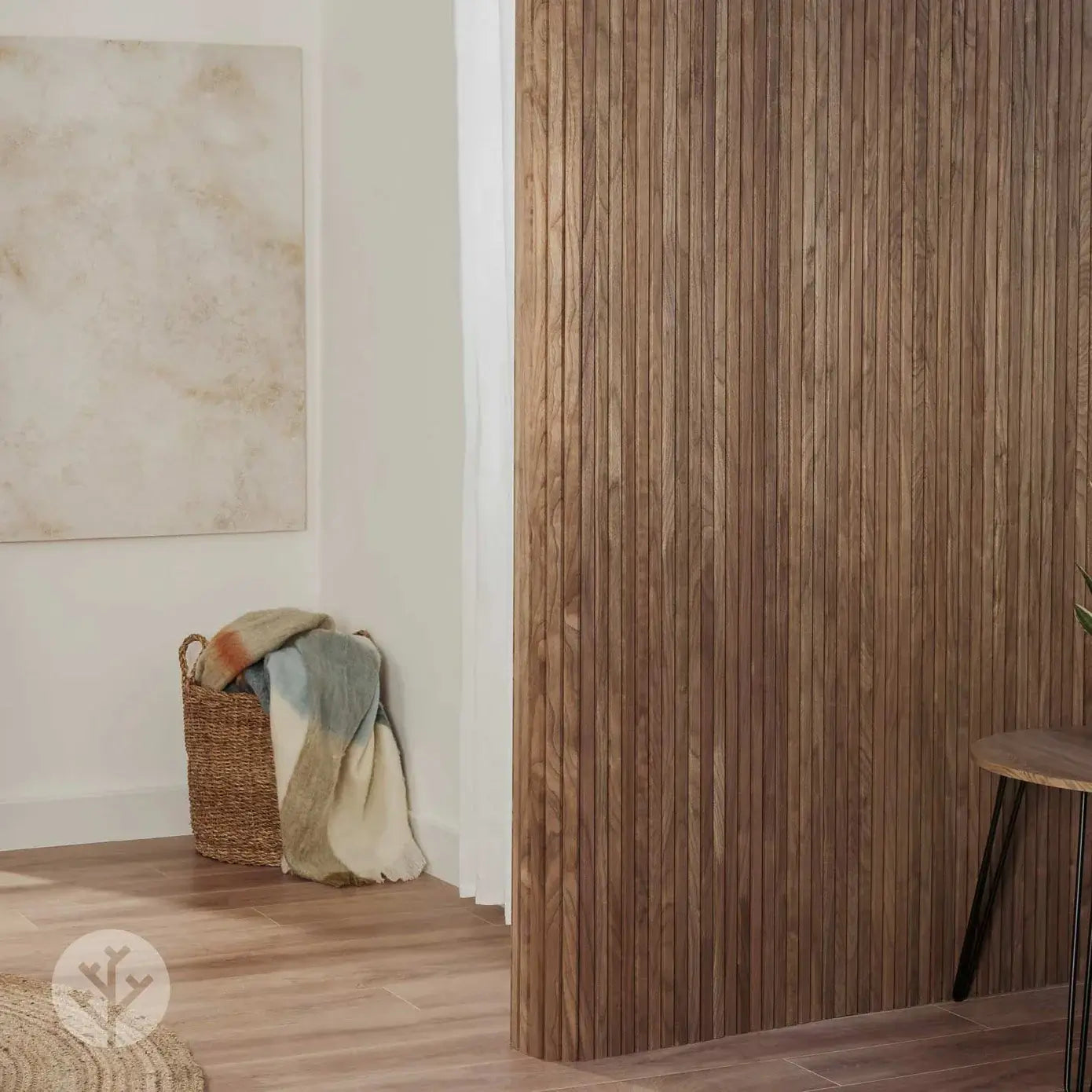 Flutto™ Walnut Slat flexible tambour wood panels in a stylish interior setting with warm tones.